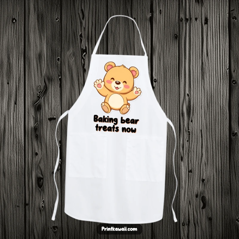Funny apron adorned with a joyful teddy bear character waving, perfect for chefs who enjoy adding a touch of adorable humor to their cooking.