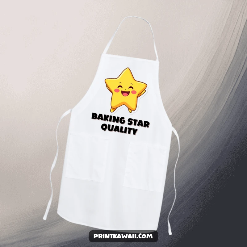 Funny apron with a bright star character joyfully jumping, designed for kitchen fun and protection.