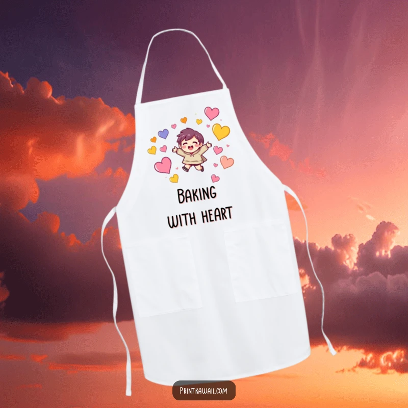 Funny apron with a character expressing delight while leaping joyfully amongst colorful, floating hearts, ideal for kitchen fun.