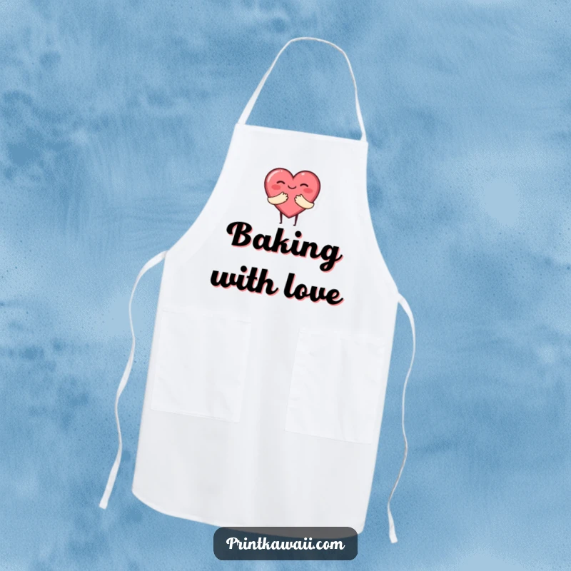 Funny apron showing a cute heart character offering a warm hug, perfect for adding love and humor to kitchen activities.