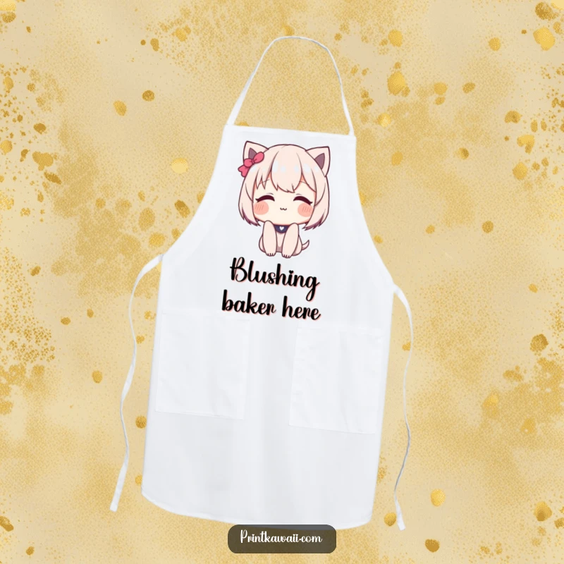 Funny Apron depicting a cute character blushing deeply with a sweet, shy smile, adding charm to the kitchen.