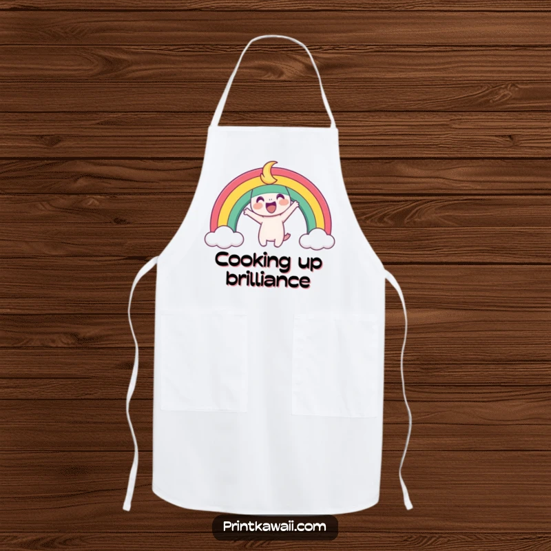 Funny Apron showing a playful rainbow character arching joyfully, ideal for kitchen protection and adding colorful, cheerful vibes.