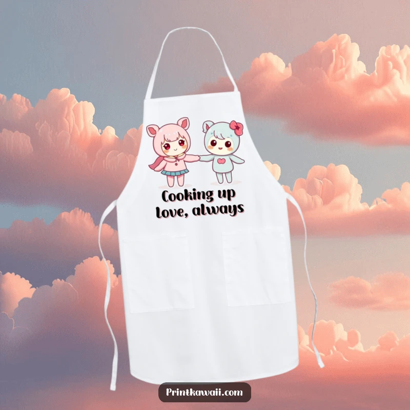 Funny apron featuring two cute kawaii characters holding hands, adding a touch of sweetness to kitchen tasks.