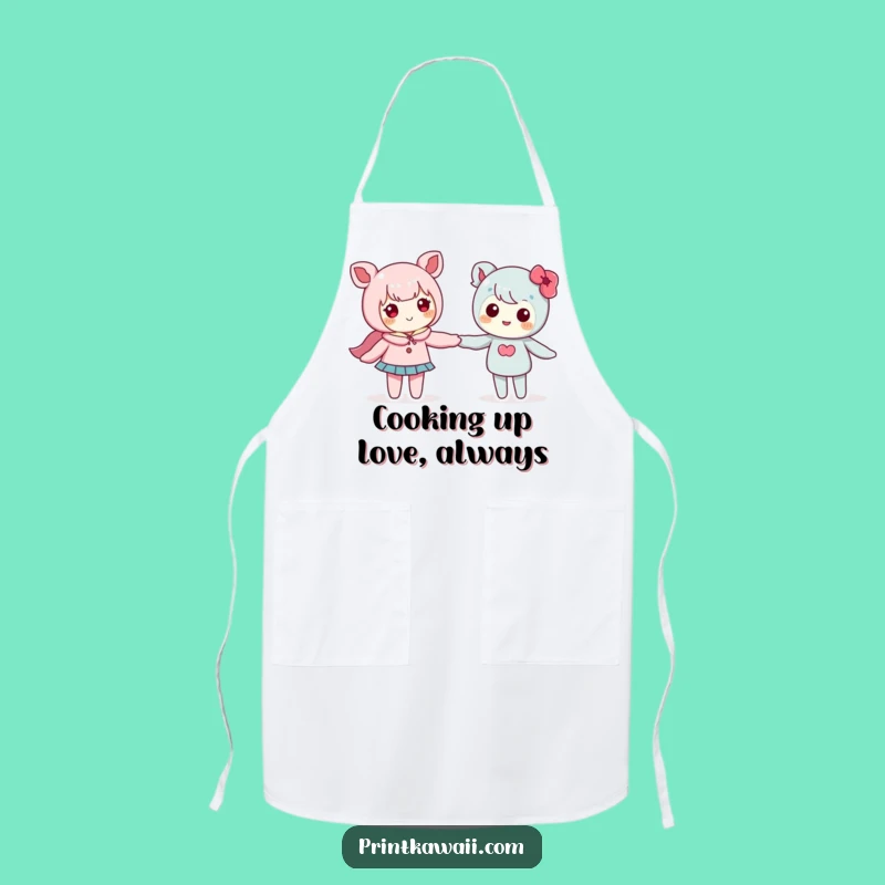 Funny Kitchen Apron: Cute Kawaii Couple Holding Hands While Cooking
