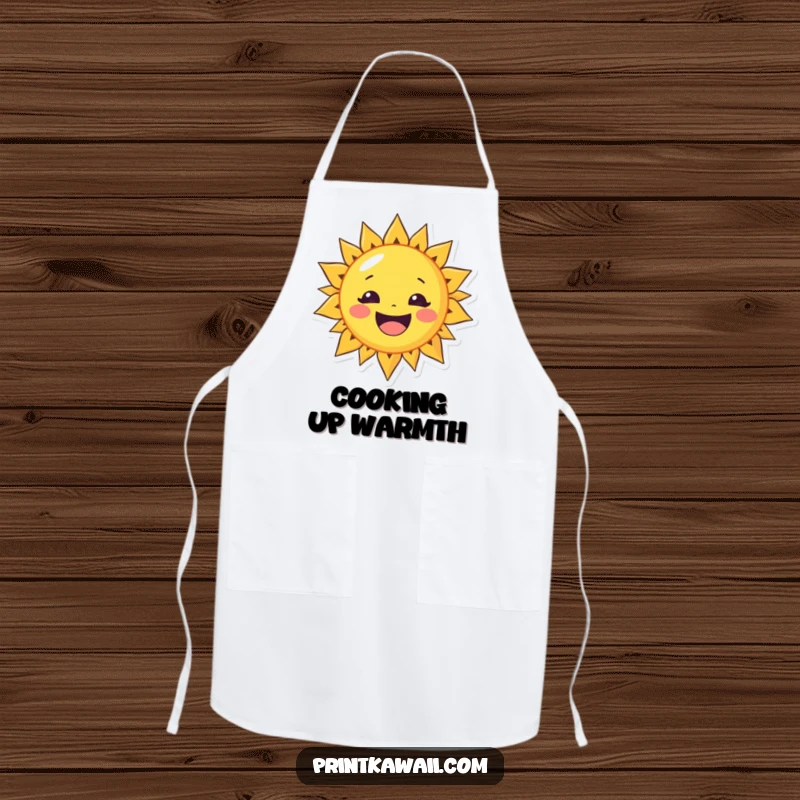 Funny apron with a cheerful sun character with a wide smile, bringing sunshine and positivity to kitchen activities.