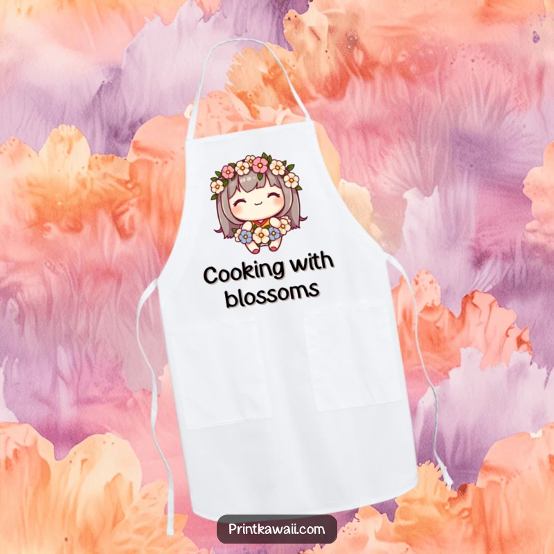 Funny apron depicting a cute kawaii character wearing a flower garland and smiling sweetly, adding cheer to cooking.