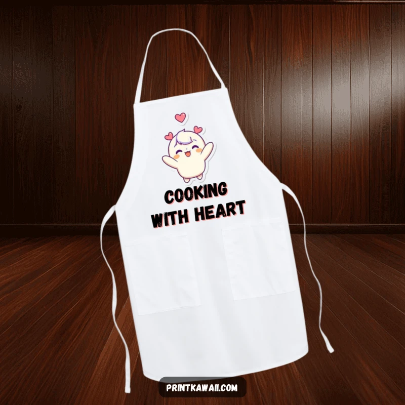 Funny apron design showing a cute character joyfully floating upwards, a heart symbol above its head, ideal for kitchen fun.