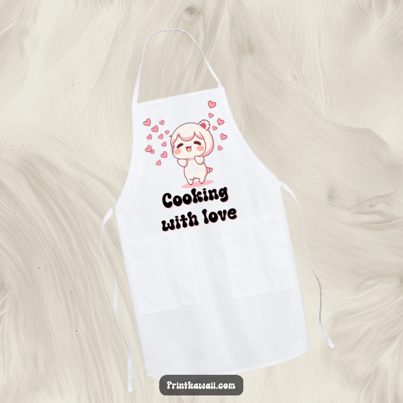 Funny apron featuring a character releasing tiny, fluttering hearts, ideal for cooks who put love into their food.