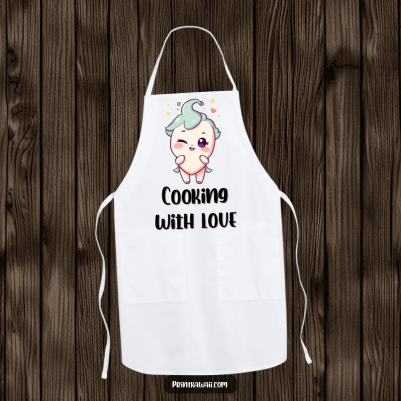 Funny apron with a sparkling heart character giving a playful wink, designed for kitchen fun and protection.