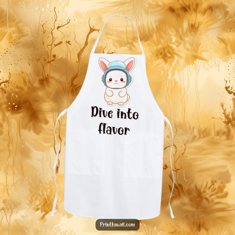 Funny apron with a fluffy bunny character wearing a tiny, oversized diving helmet, for whimsical kitchen adventures.