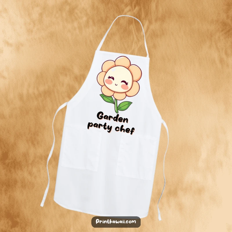 Funny Blushing Flower Apron showing a shy flower character leaning inwards and blushing, adding sweet floral charm to kitchen tasks, a great funny gift.