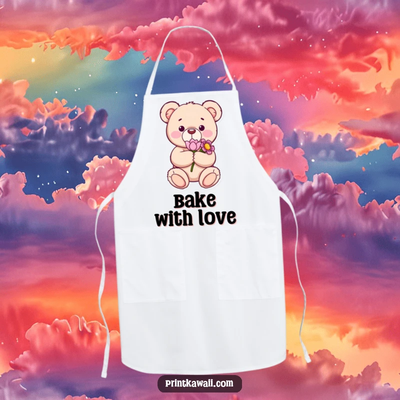Funny apron featuring a content teddy bear holding a flower, perfect for cheerful cooking and adding a sweet, heartwarming touch to kitchen wear.