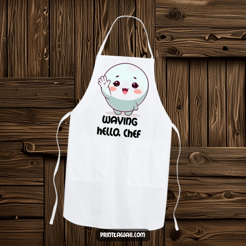 Funny apron with a cute character giving a cheerful wave, designed for kitchen fun and adding a smile to cooking.