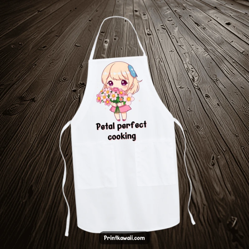 Funny apron depicting a cute character holding a bouquet of sparkling flowers, perfect for cooking and celebrating floral beauty.