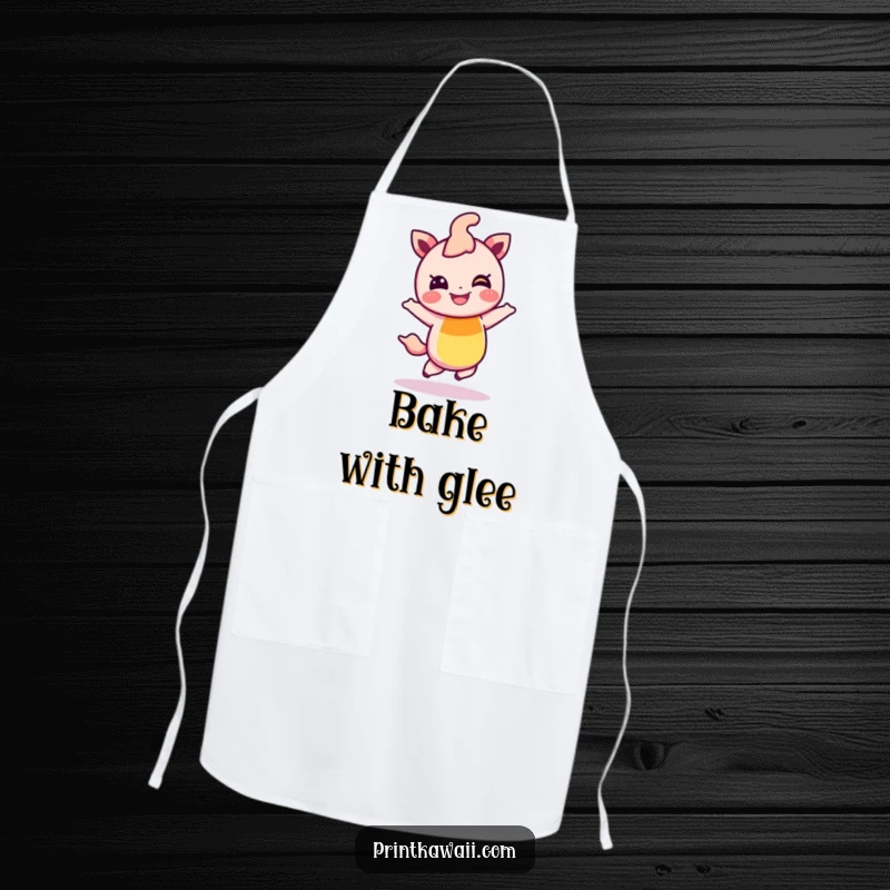 Funny apron showcasing a giggling rainbow character in a cheerful hop, designed for kitchen fun and adding a playful touch to cooking.