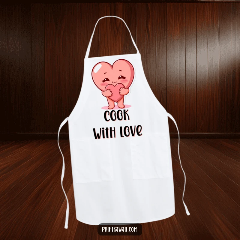 Funny cute heart character giving a hug on a kitchen apron. Sweet funny cooking accessory.