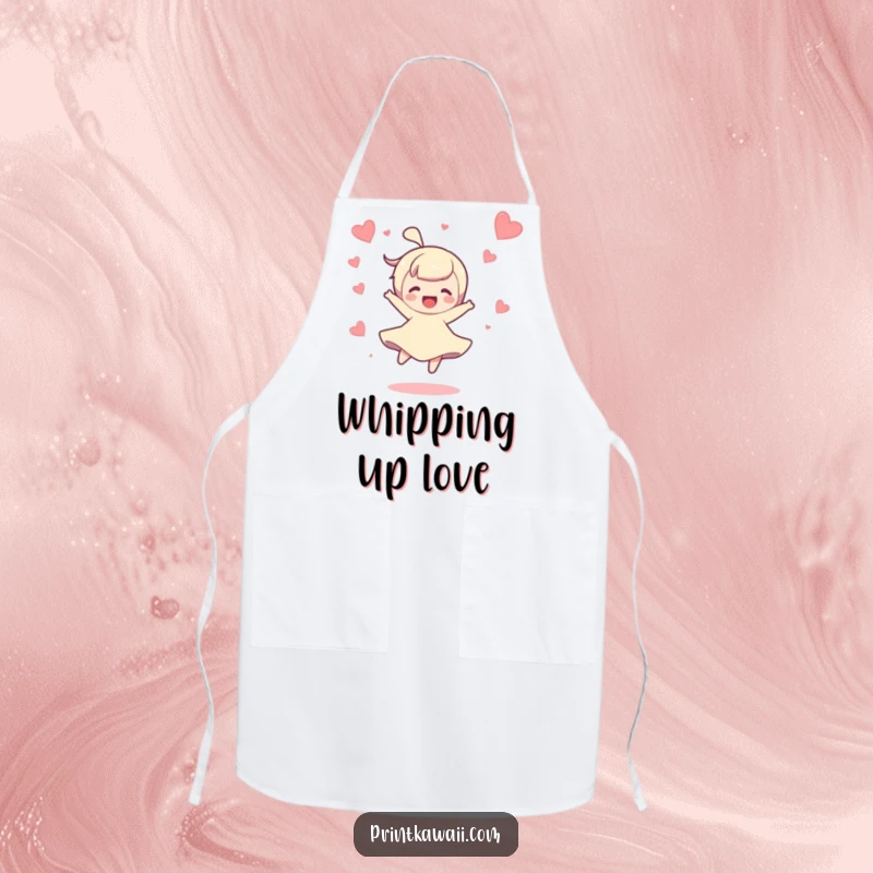Funny apron featuring a character doing a joyful spin with hearts floating around, perfect for kitchen fun.