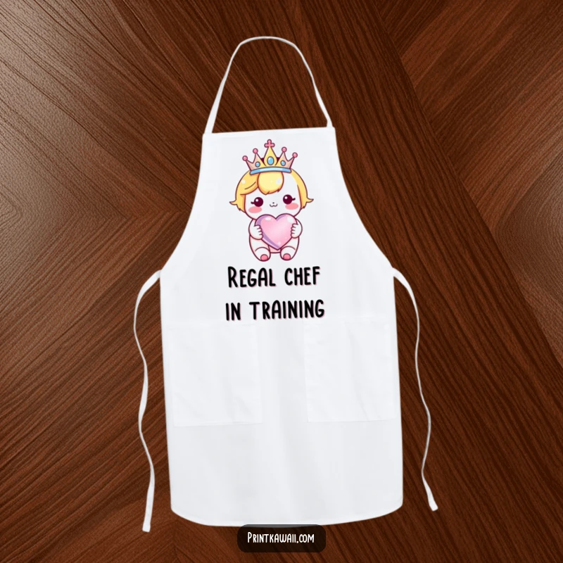 Funny Kawaii Crown Heart Apron: A cute character in a crown, holding a sparkly heart, ready for kitchen fun and spills.