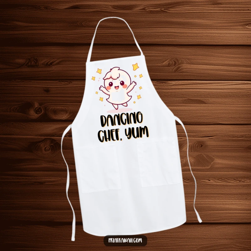 Funny Kawaii Dance Apron: Character doing a happy dance with stars, ideal for kitchen fun and protection.