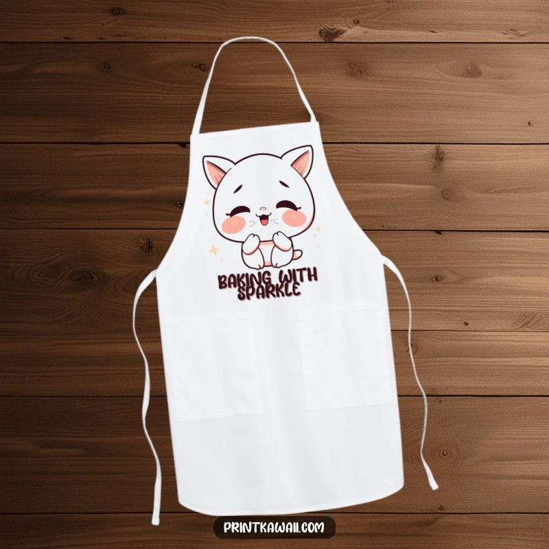 Funny Kawaii Kiss Apron: Character giggling, blowing glittery kisses, ideal for kitchen fun and protection.