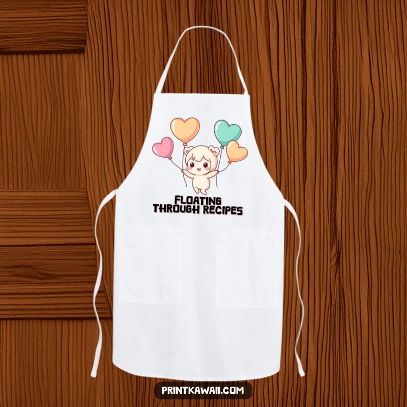 Funny apron depicting a cute kawaii character playfully floating with heart-shaped balloons, adding cheer to cooking.