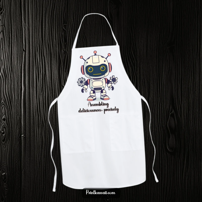 Funny apron showcasing a playful robot character with its gears spinning, perfect for chefs who love a touch of mechanical humor while cooking.