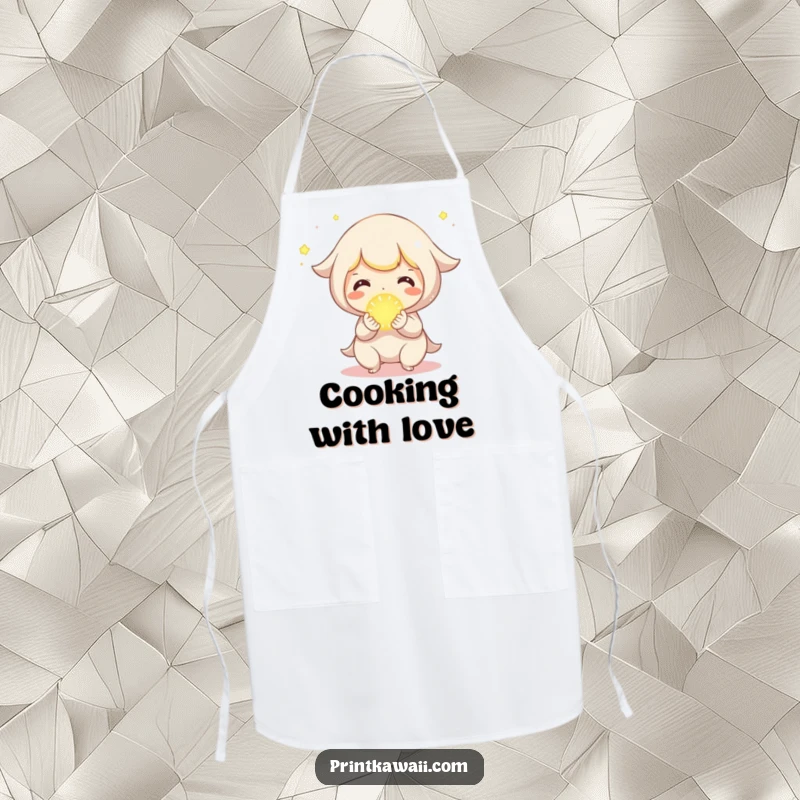 Funny Apron depicting a cute character joyfully sharing a tiny, glowing orb, symbolizing connection.