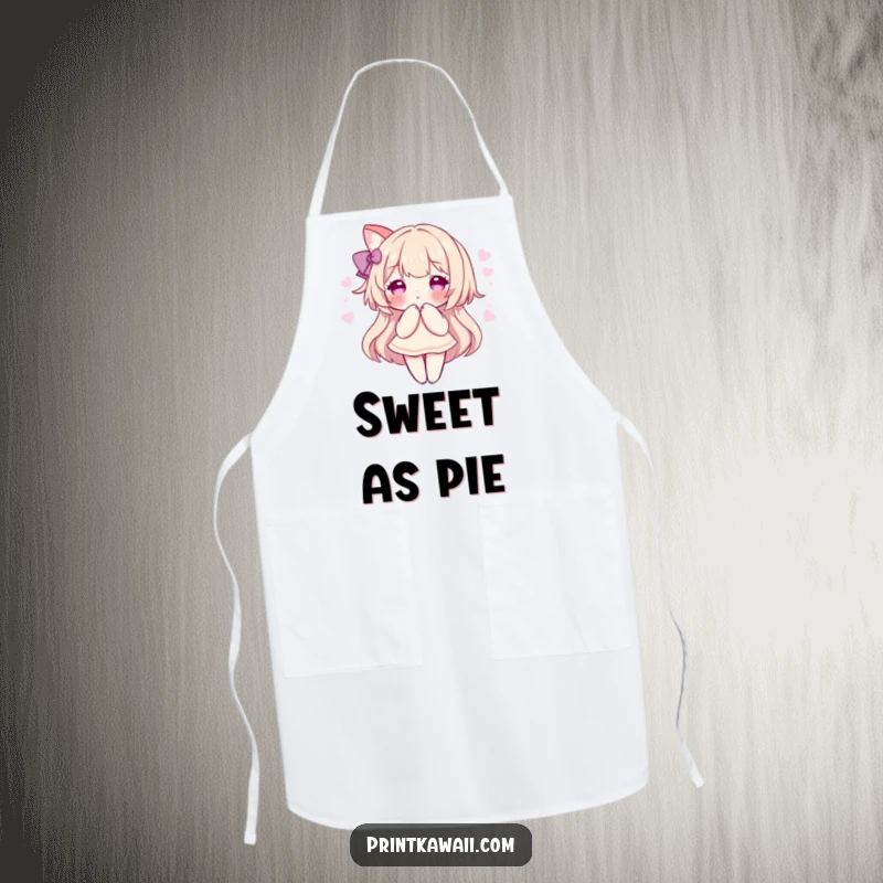 Funny apron with a character in a sweet pose, surrounded by a soft, pink aura, perfect for kitchen use and gentle charm.
