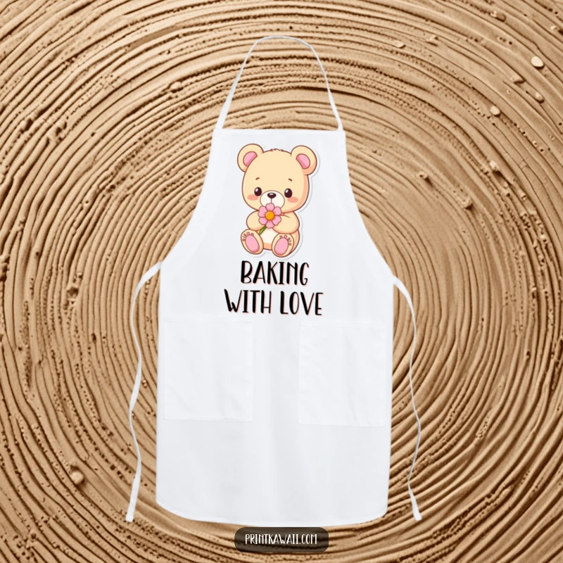 Funny Apron featuring a content teddy bear character holding a flower, ideal for adding gentle charm to cooking and baking.
