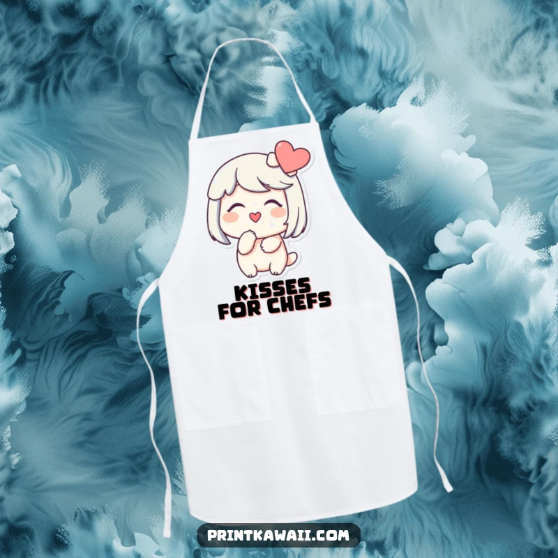 Funny apron with a character smiling gently, blowing a kiss towards a heart, perfect for kitchen use and showing affection.