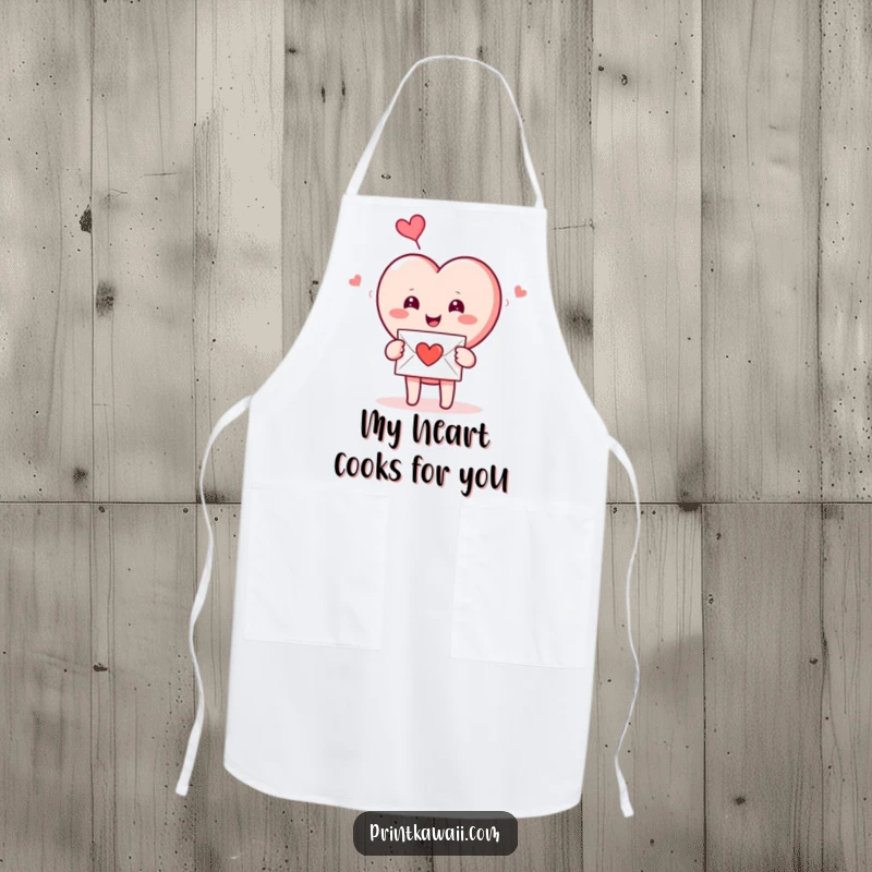 Funny Apron: A smiling heart character receives a love letter while cooking, a humorous kitchen accessory.