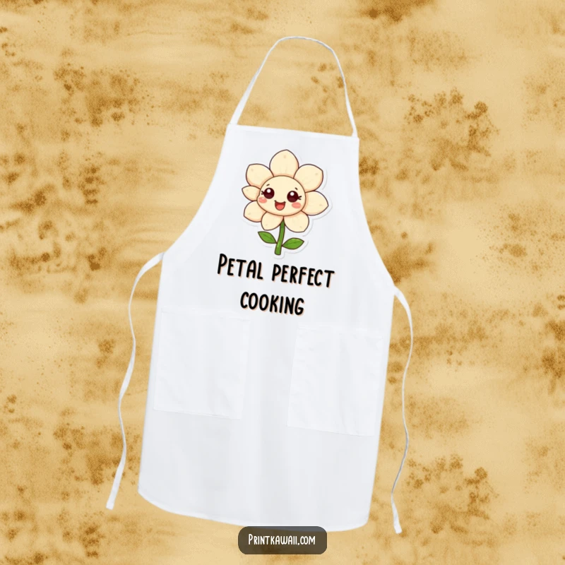 Funny happy flower character on an apron, petals unfurling, adding cheerful floral humor to kitchen tasks, funny gift.