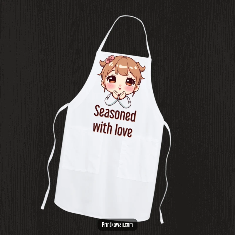Funny apron depicting a cute character blowing a kiss with rosy cheeks, perfect for cooking and spreading sweet messages.