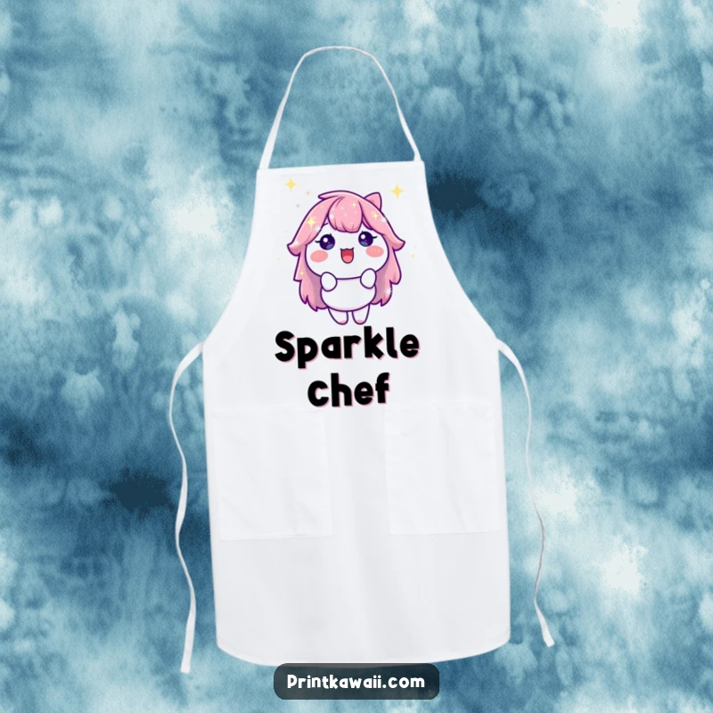 Funny Apron adorned with a stylized sparkle character beaming with delight, making kitchen tasks fun and adding a cheerful touch to cooking.