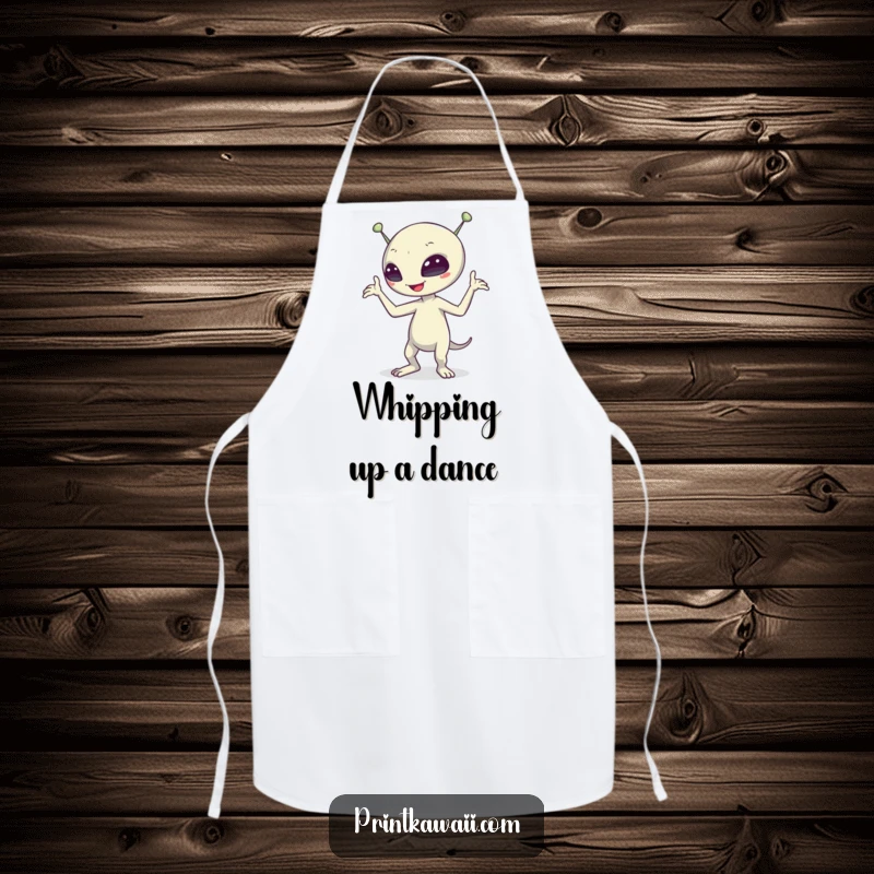 Funny alien character dancing while cooking on a durable apron, adding a humorous touch to kitchen activities.