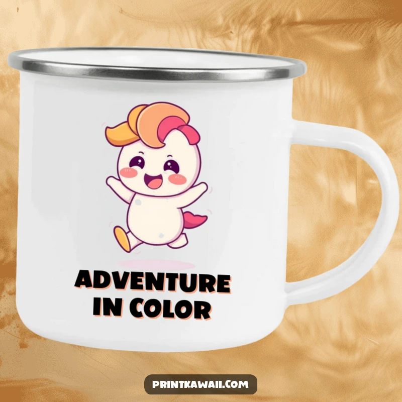 Funny Camping Mug featuring a giggling rainbow character doing a cheerful hop, perfect for enjoying colorful drinks outdoors.