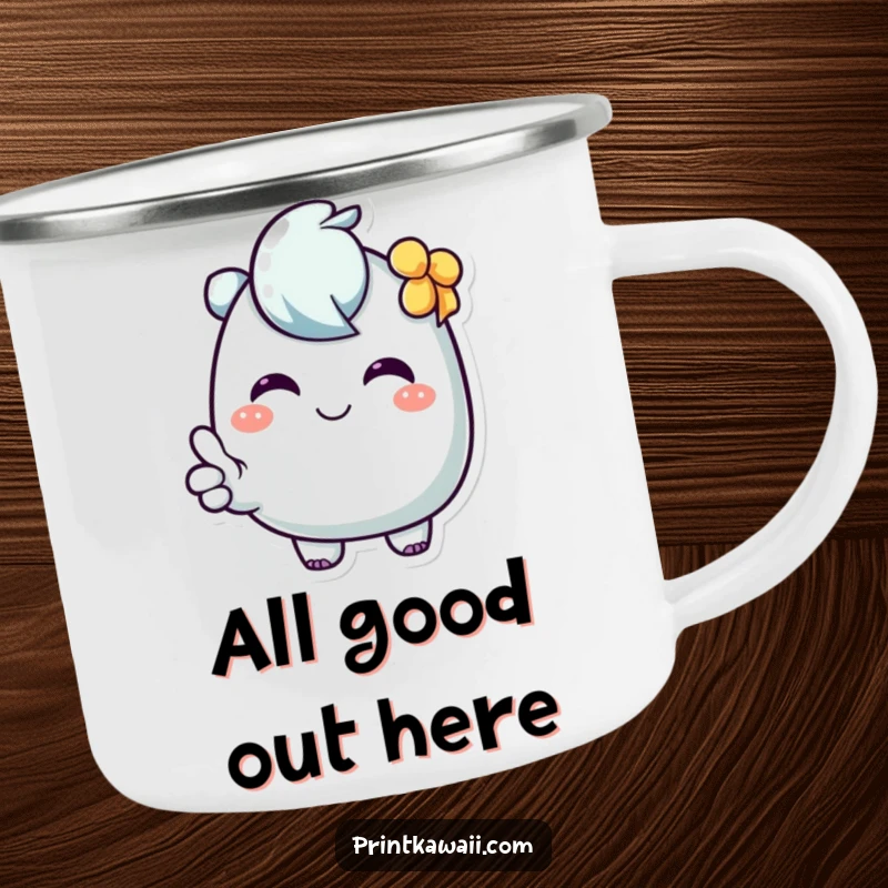Funny Enamel Camping Mug with a character giving a sweet, cheerful thumbs up, ideal for outdoor enthusiasts.
