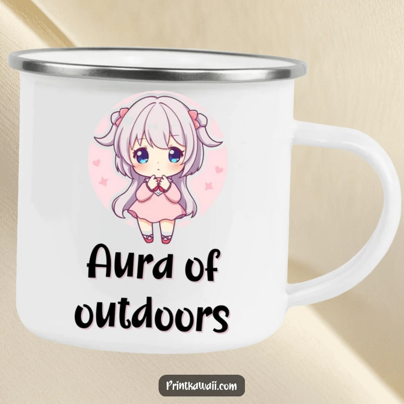 Funny Camping Mug: A character in a sweet pose, glowing with a soft pink aura in nature.