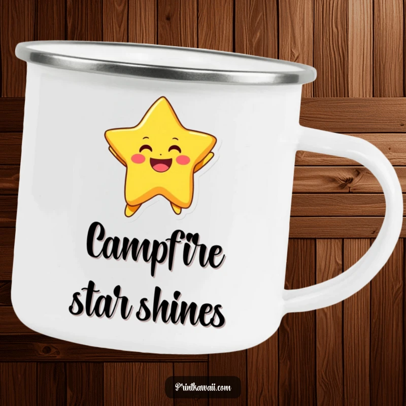 Funny camping mug with a durable design and a smiling star character joyfully jumping, ready for outdoor use.