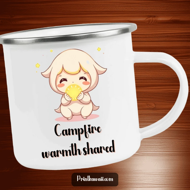 Funny Kawaii Camping Mug showing a cute character joyfully sharing a tiny, glowing orb.