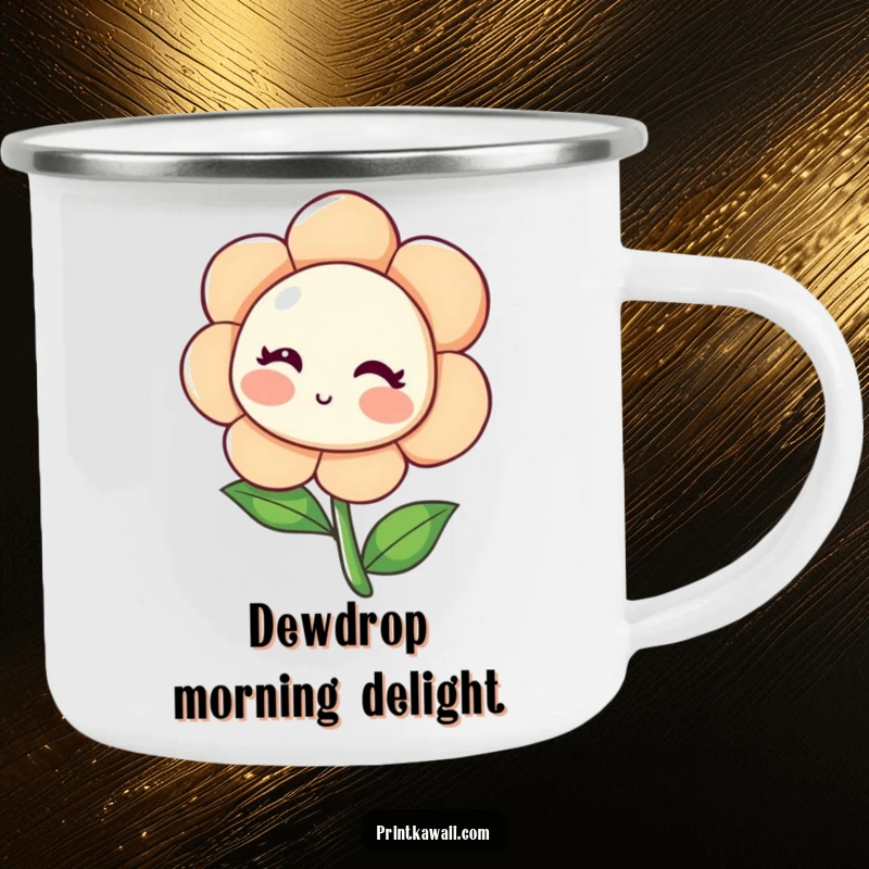 Funny Blushing Flower Camping Mug featuring a shy flower character leaning inwards and blushing, ideal for outdoor sipping with sweet floral humor, a charming funny gift.