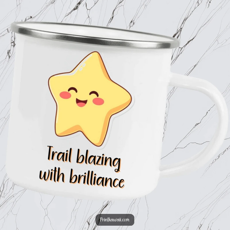 Funny Camping Mug featuring a smiling, happy star character, perfect for enjoying drinks in the great outdoors.