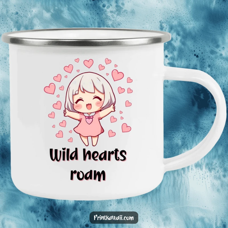 Funny Camping Mug: A character releasing tiny, fluttering hearts, adding love to your outdoor moments.