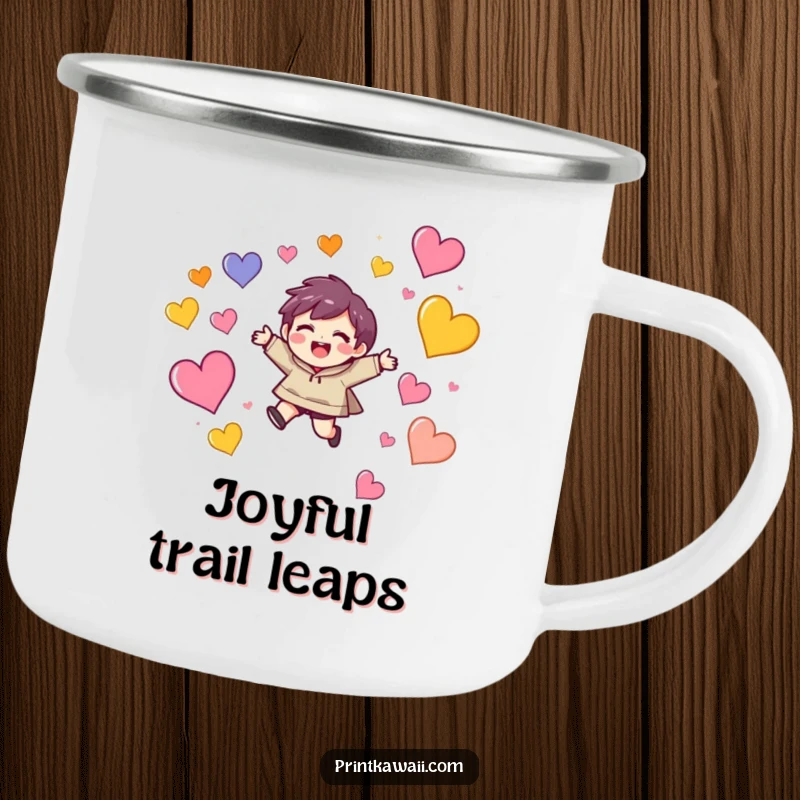 Funny camping mug with a character expressing delight while leaping joyfully amongst colorful, floating hearts, perfect for outdoor enjoyment.