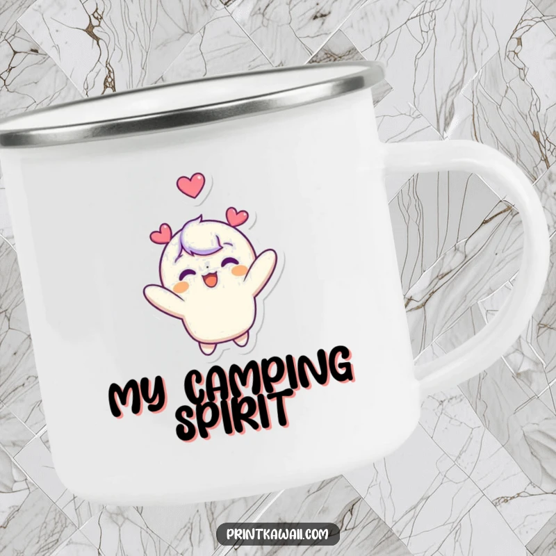 Funny camping mug with a cute character joyfully floating upwards, a heart icon above its head, symbolizing love and adventure.