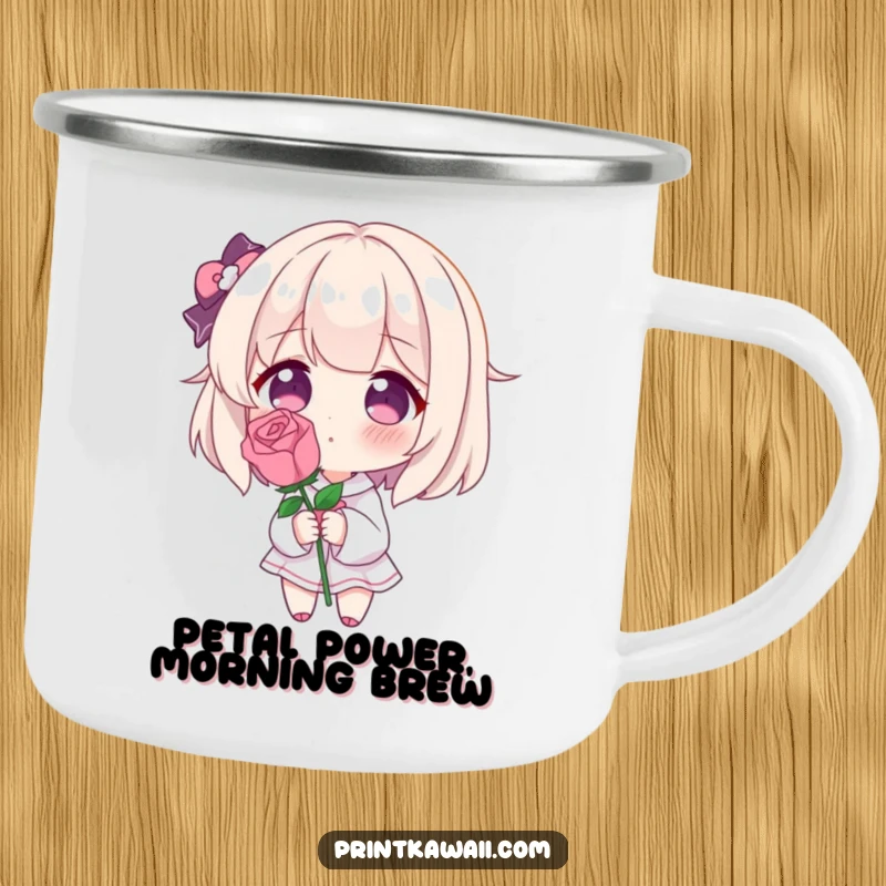 Funny camping mug showcasing a character blushing deeply, holding a single perfect rose, perfect for outdoor use and shy affection.