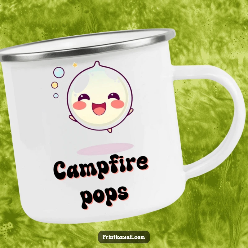 Funny Bubble Camping Mug: A happy bubble character is depicted popping with a sound, ready to add cheer to your outdoor experiences.