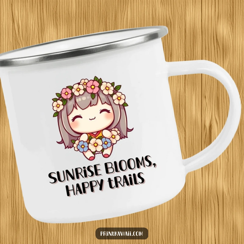 Funny camping mug featuring a cute kawaii character wearing a flower garland and smiling sweetly, perfect for outdoor enjoyment.