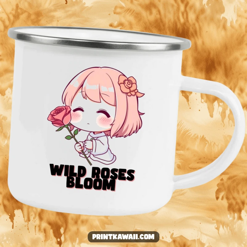 Funny Camping Mug: A blushing character holding a single perfect rose, bringing sweetness outdoors.