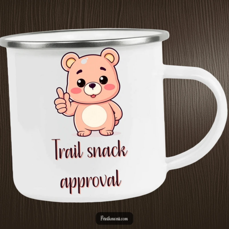 Funny enamel camping mug featuring a gummy bear giving a thumbs up, perfect for enjoying drinks outdoors with humor.
